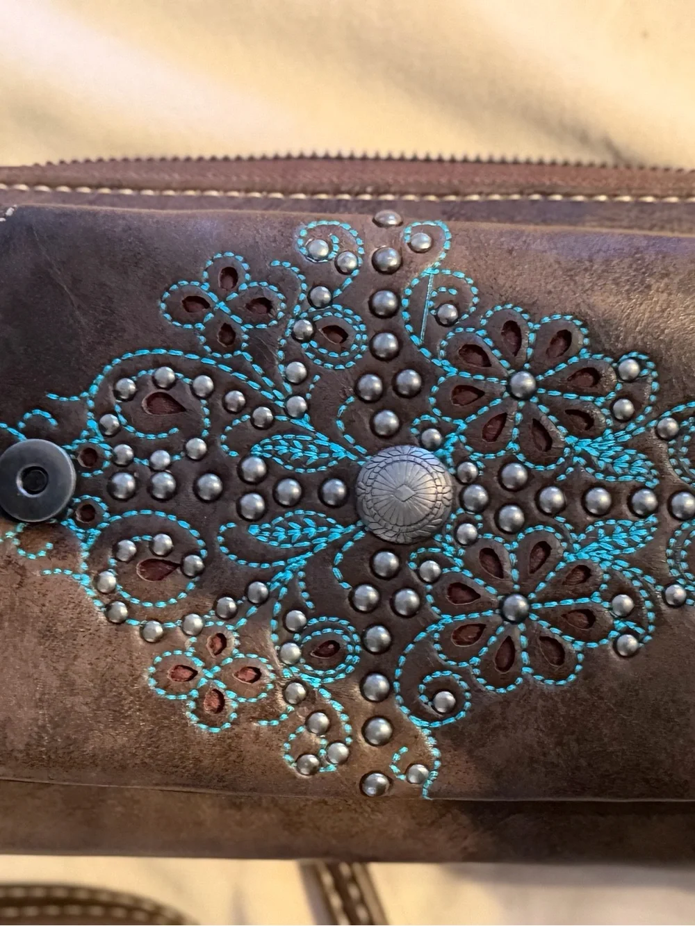 Brown Crossbody Phone Wallet with Turquoise Floral Accents